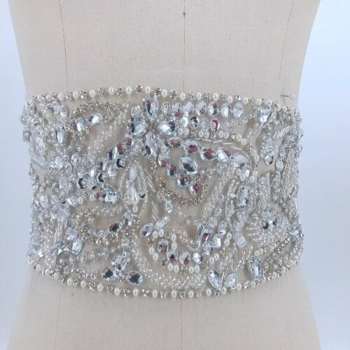 Sew on silver rhinestones applique handmade crystals patches 80*11cm DIY dress belt accessory