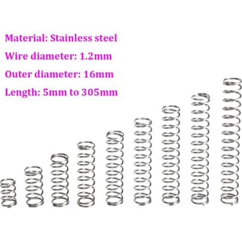 Wire Dia 1.2mm Stainless Steel Compression Spring OD 16mm Pressure Spring Length 5mm - 305mm