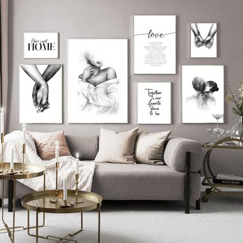Nordic Black White Shoulder Kiss Hand Canvas Painting Minimalist Love Quotes Prints and Posters Wall Art Pictures for Home Decor