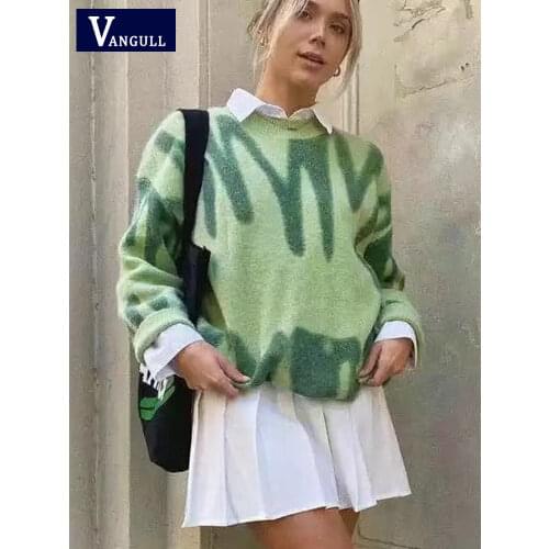 Vangull Fashion Stripe Print Women Sweater Autumn Knitted Warm Pullovers Female Long Sweater Streetwear Loose Outerwear Sweater