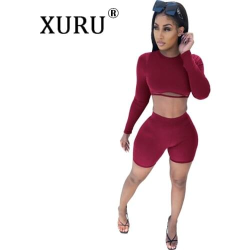 XURU European and American Long-sleeved Umbilical Cutout Jumpsuit Two-piece Casual New Jumpsuit