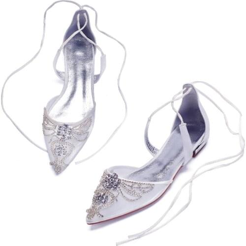 Womens Satin Ankle Strap Pointed Toe Lace Up Bride Wedding Shoes Ballet For Guest Reception