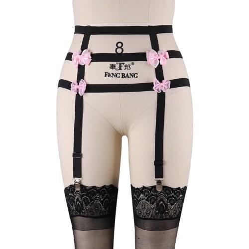 Women pastel goth liguero fetish Bow garter belt stocking body harness strap bra rave wear harness bondage lingerie cage bra