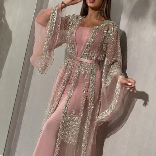 2021 New elegant Sequins Dress Women Sexy Lace Long Sleeve Evening Party Dresses Elegant Maxi Dress Robe Longu 2 Pieces Sets