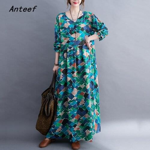Anteef long sleeve cotton vintage floral dresses for women casual loose woman summer spring autumn dress elegant clothing 2021