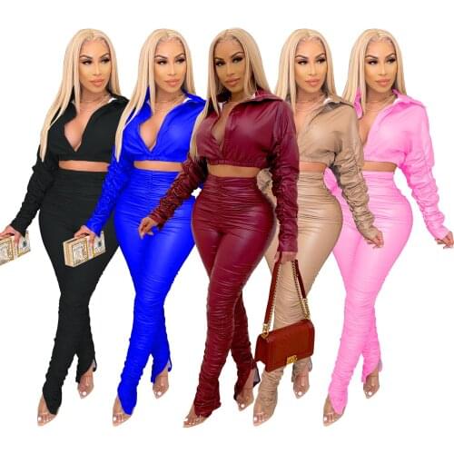 Winter Casual Women Pu Leather Two Piece Set Jacket Coat + Long Pants Party Night Clubwear Sportsuit Clothes For Women Outfit