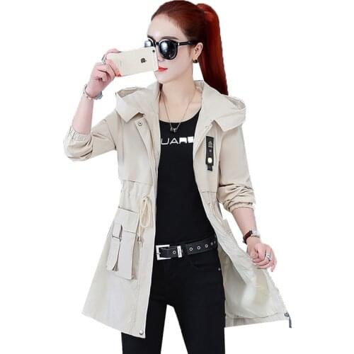 2021 Spring Autumn New Womens Windbreaker Mid-Length Hooded Zipper Female Trench Outerwear Slim Ladies Elegant Cardigan Jacket