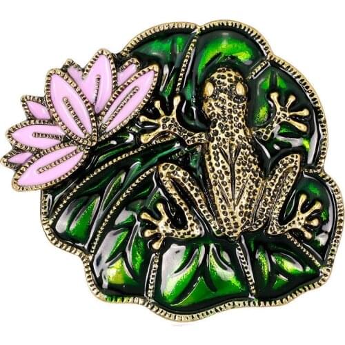 OneckOha Zinc Alloy Frog Brooches Green Lotus Flower Pin Retro Jewelry Animal Brooch