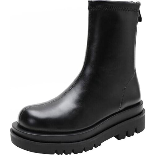 Black Stretch PU Leather Womens Platform Ankle Boots Martin Shoes 2020 High Street Fashion Ladies Winter Shoes Botas Majuer