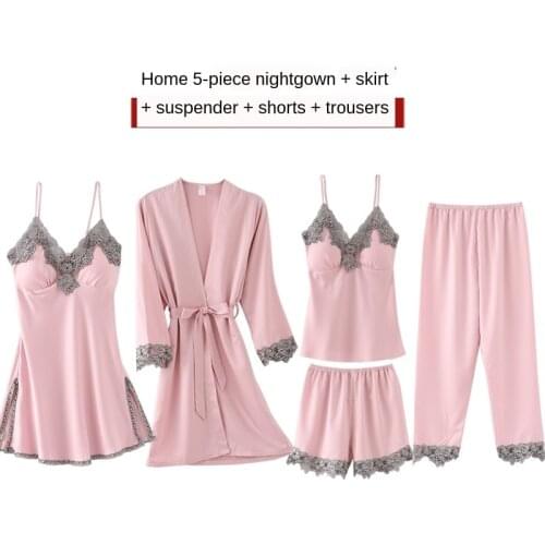 Summer Autumn 5 Pieces Set Silk Pijamas Women Sleepwear Set Shorts Sleeve Top Elastic Waist Pants Lounge Home Clothes for Girl