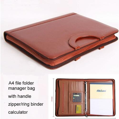 Zipper A4 leather file folder expanding document bag briefcase padfolio handbag with handle calculator ring binder 442B