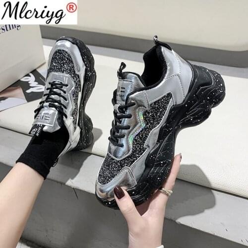 Luxury Sequin Chunky Sneakers Women Fashion Patchwork Lace Up Platform Vulcanized Casual Shoes Woman Walking Running Shoes Lady