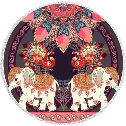 150cm Round Large Microfiber Fabric Beach Towel for Adult Kids Elephant Tassel Bath Towel Mandala Tapestry Blanket Picnic Mat
