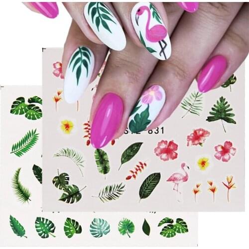 Summer 3D Nail Art Stickers Colorful Green Leafs Bird Cactus Flowers Transfer Nail Sticker DIY Nails Decals Nail Art Decoration