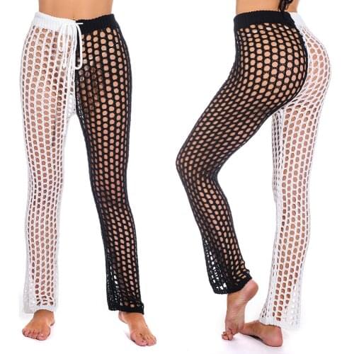 Summer Hollow Out High Waist Pants Beach Cover Up Women See Through Crochet Bikini Bottoms Straight Long Pants Trousers