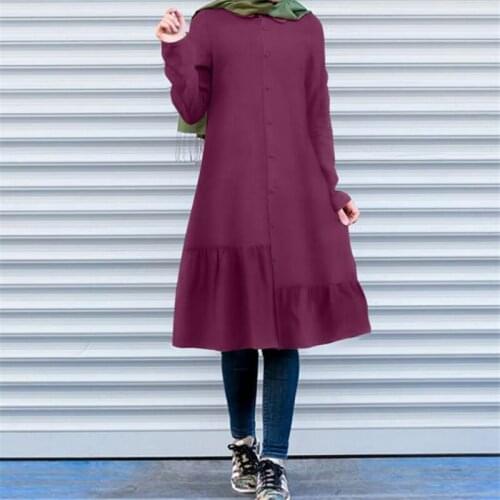 Muslim Abaya Dress Long Tops Arab Turkey Dubai Ruffle Vestidos Button Turn-Down Collar Eid Ranmadan Islamic Muslim Dress Ropa