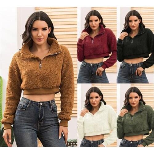 New Winter Jacket Short Pullovers Sweatshirts Zipper Warm Top Hoodie for Lady Clothes Women Long Sleeve Casual LanternSleeve