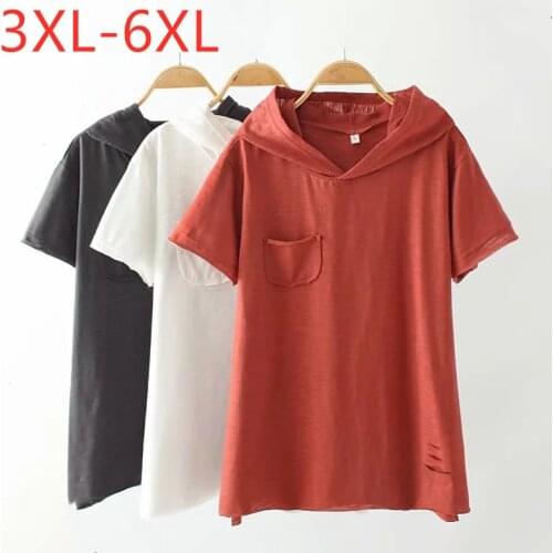 New 2021 summer plus size hoodie tops for women large short sleeve loose cotton red black hole pocket T-shirt 3XL 4XL 5XL 6XL
