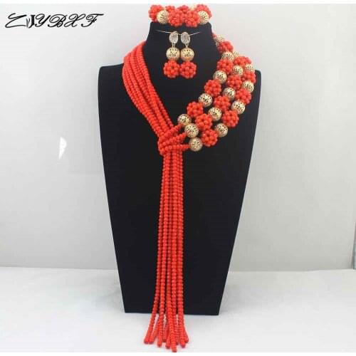 African Long Orange Beads Necklace Sets Nigerian Orange Crystal Balls Women Fashion Jewellery Sets Free Shipping L0060