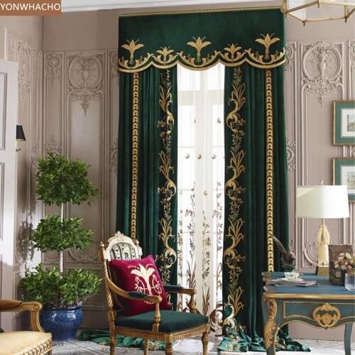 Custom curtains luxury villa living room embroidered ink green thick velvet cloth blackout curtain tulle valance drape B640