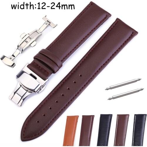 Replacement Butterfly Buckle Watch Strap 12mm 14mm 16mm 18mm 19mm 20mm 22mm 24mm Genuine Leather Watch Band Watchband Bracelet
