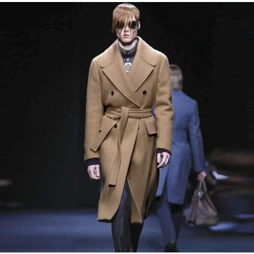 Woolen Mens trench coat high-end camel handsome belt casual double row plus size slim woolen coat jacket