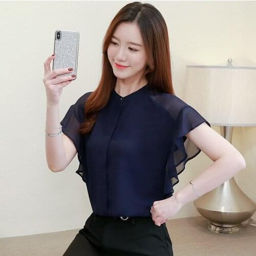 Chiffon Shirt Womens Short-Sleeved 2020 New Summer Ruffles Temperament Round Neck Shirt Casual Bottoming Blouses Shirt 866D