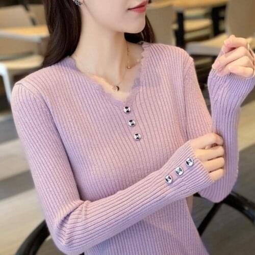 Thin Knit Sweater Women Bottoming Shirts Autumn Winter V Neck Ladies Slim Fit Pullovers Girls Knitted Wear button Solid new