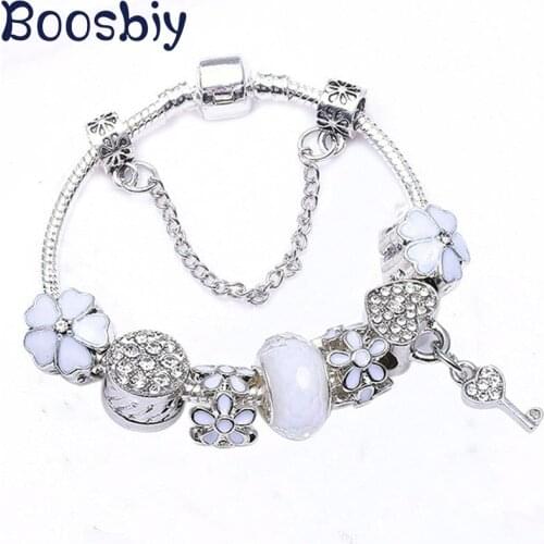 Unique Design Silver Plated Charm Bracelet DIY White Cherry Blossoms Beads Fit Brand Bracelet For Women Jewelry Gift