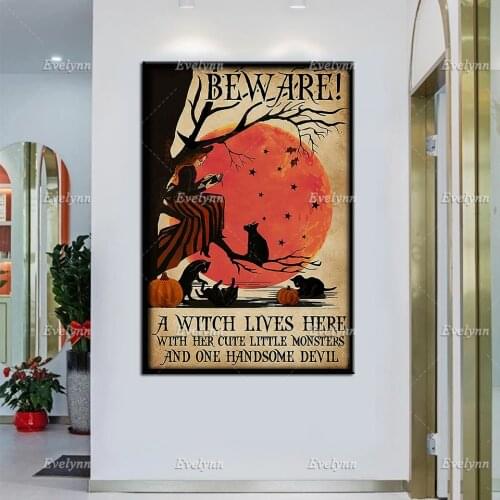 Witch Girl AndCat Beware A Witch Lives Here With Her Cute Little Monster Retro Poster Halloween Home Decor Prints Wall Art Gift