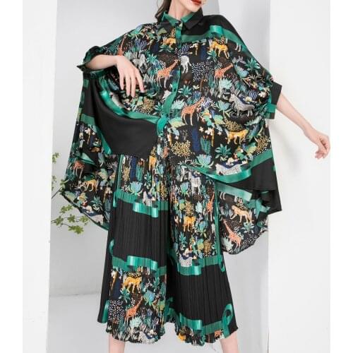Female new summer plus size satin texture personalized printing loose bat-sleeve pleated versatile wide-leg pants two piece set