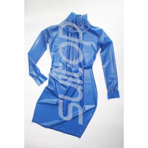 Womens rubber dresses in trasparent blue color back zip