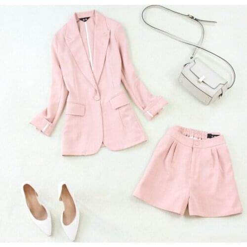 Womens spring and summer high quality new large size long-sleeved mid-length suit + wide-legged thin shorts pale pink thin suit