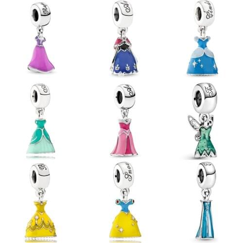 925 sterling silver pendant fine jewelry enamel princess dress charm fit original Brand bracelet beads gift making for women DIY
