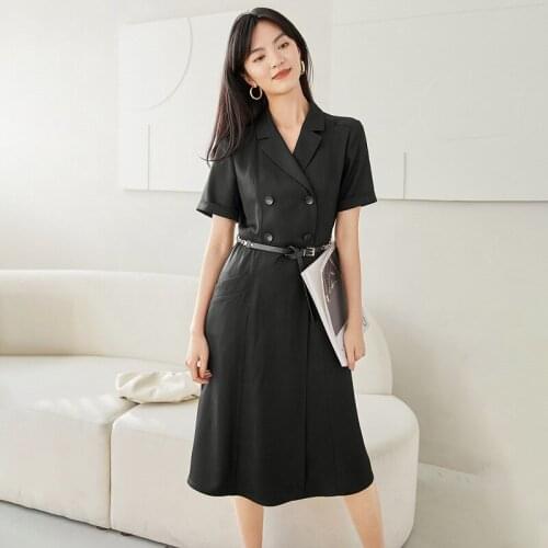 Office 2019 Female Solid Womens Summer Dress Short Sleeve Casual Dress Button Sashes Pockets Slim Summer Dresses Ladies 2021
