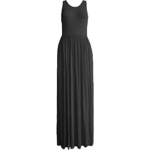 Women Fashion Casual Racerback Style Sleeveless Women Dress O Neck Solid Color Pleated Large Hem Maxi Dress Streetwear Daily