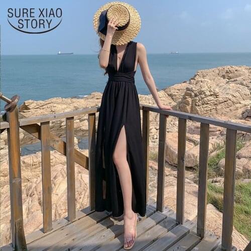 Spring New Fashion Backless Chiffon Dress Women Sleeveless Women Long Dresses Beach Style Sexy Black Dress Summer Dress 13235