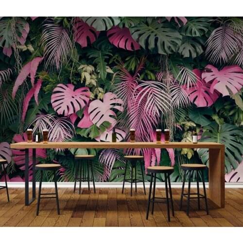 Bacal papel de parede Custom modern fashion wallpaper pink green tropical rainforest plant leaf background wall paper