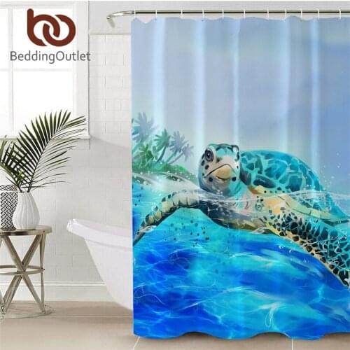 BeddingOutlet Sea Turtle Shower Curtain Waterproof Polyester Blue Bath Curtain With Hooks Watercolor Tortoise Bathroom Decor