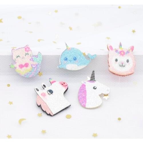 10Pcs Glitter Print Fabric Appliques Narwhal Cat & Mermaid Sheep Unicorn Horse Patches for DIY Crafts Hair Clips Bow Decor H56