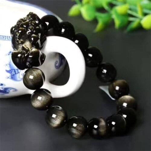 Natural Gold Obsidian Stone Jades Bracelet Carved Pixiu Round Beads Bracelet Bangles Gift for Men Womens Stone Jades Jewelry