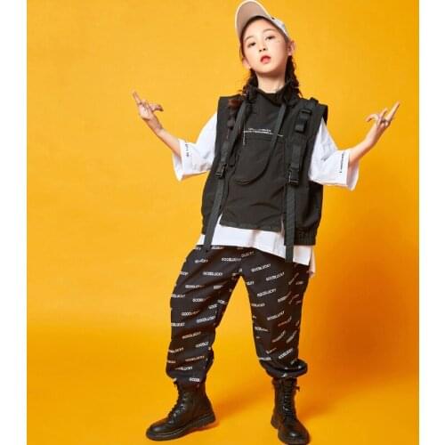Children Jazz Modern Dance Costumes Black Vest Hiphop Pants Suit Ballroom Hip Hop Rave Clothes Performance Dance Clothes DQS6821