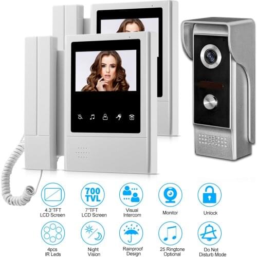 Home Wired Video Intercom Camera Doorbell 4.3'' TFT Color Video Door Phone with 2 Monitors Doorphone IR Night Vison 700TVL Lock