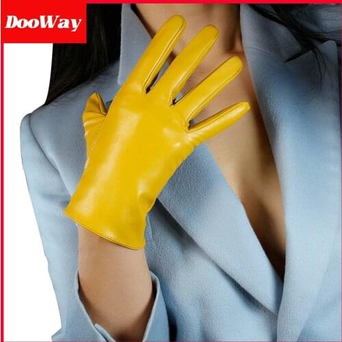 DooWay Wrist Short Latex Gloves Faux Leather Sheepskin Stretchy Mustard Yellow 8-inch Warm Unlined Evening Dress Driving Gloves