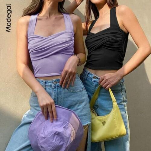 Modegal Womens Ruched Twist Bust Wide Straps Criss Cross Back Sleeveless Streetwear Casual Cami Top