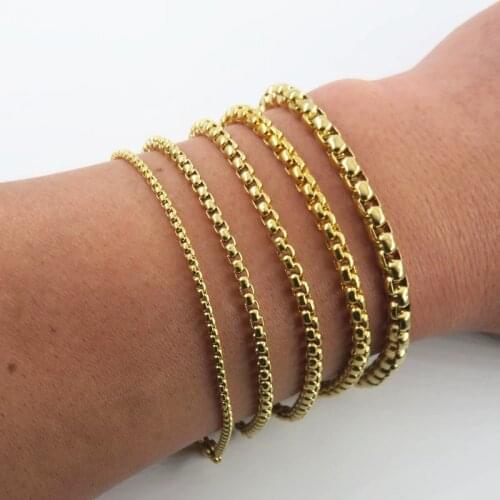 2/3/3.5/4/5mm Gold-color Mens Round Box Chain Bracelet 316L Stainless Steel Bracelet Fashion Jewelry