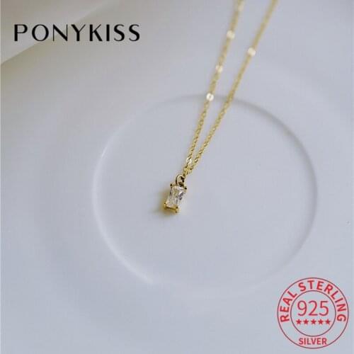 PONYKISS Trendy 925 Sterling Silver Mini Square Zircon Chain 14K Gold Pendant Necklace For Women Fine Jewelry Drop Shipping