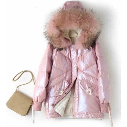 Glossy shiny Long down coats Winter real raccoon fur down coats female thicker warm fur coats realur hooded Parkas F2277