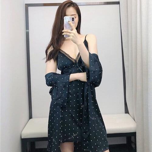 Creation 101 wave point pajamas with chest pad feminine silk suspenders pajamas nightgown two-piece home