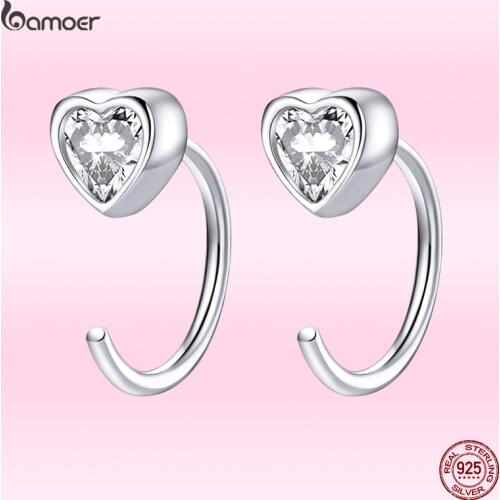 Bamoer Simple Love Ear Studs For Girl Genuine 925 Sterling Silver Luxury Heart Shape Zircon Earrings Women 2021 Trendy Jewelry